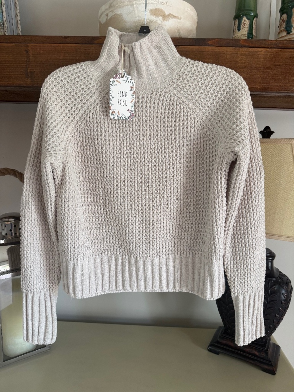 Pink Rose Waffle Knit Mock Neck Sweater - Light Beige/Cream (Magic Stone)
